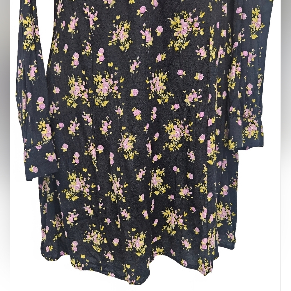 00107 Zara Floral Print Lavender Rose Mini Black Purple Long Sleeve Dress Medium - Picture 4 of 15